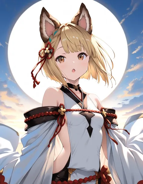 1girl, vajra_(granblue_fantasy), little female, short hair, blonde hair, dog ears, brown eyes, beautiful detailed eyes, small breasts,  open mouth, outdoors, wind, game CG break,((artist:shida_kazuhiro)),(artist:mitsumi_misato),(artist:fujiyama),,(masterpi...