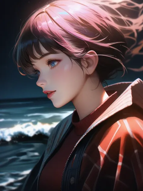 a girl, looking for ocean, background in outdoors, sweater, ocean night, [Realistic style: Anime style: 0.0], BREAK  8k, 32k, Masterpiece, UHD:1.5, Highres, Sharp Focus, Best Quality, Depth of Field, Cell look shading, 
 Cinematic Lighting, Anime Light, De...