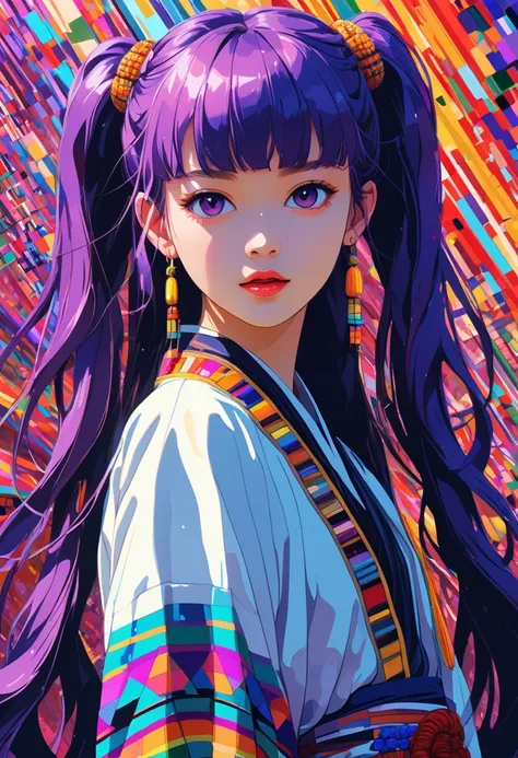 (absurdres, highres, ultra detailed), (1girl:1.3), twintails, purple hair, BREAK , glitch art, digital distortion, pixelated fragments, data corruption, colorful noise, visual chaos, contemporary aesthetics BREAK , enamel art, glass-like surface, vibrant c...