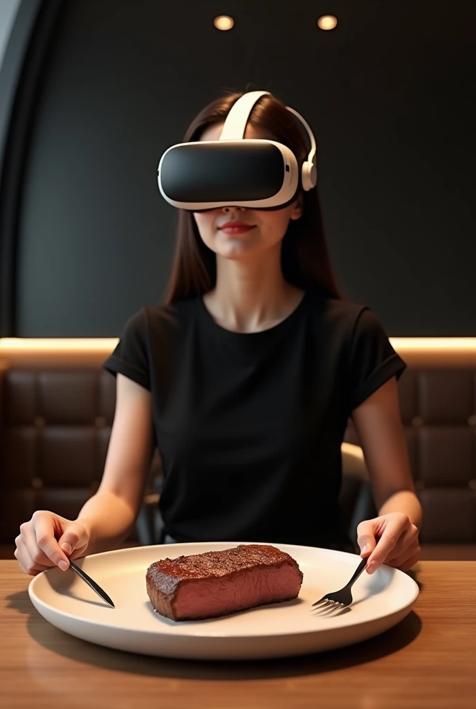 This picture is a photo of Kaew.
Dome with virtual reality model creates an image of a sexy Chinese woman wearing glasses and a black T-shirt.
Enjoy a casual meal in a comfortable atmosphere.
Steak shop, lots of people in the shop. She was sitting at the t...