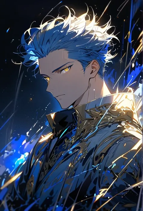 Handsome, solo, 1 man, blue hair, yellow eyes, 1 man, handsome, male, short hair, detailed, Hair Slicked Back, Messy Hair, Glowing Light, Bright PupilsVery Short Hair, Hair Pulled Back, 