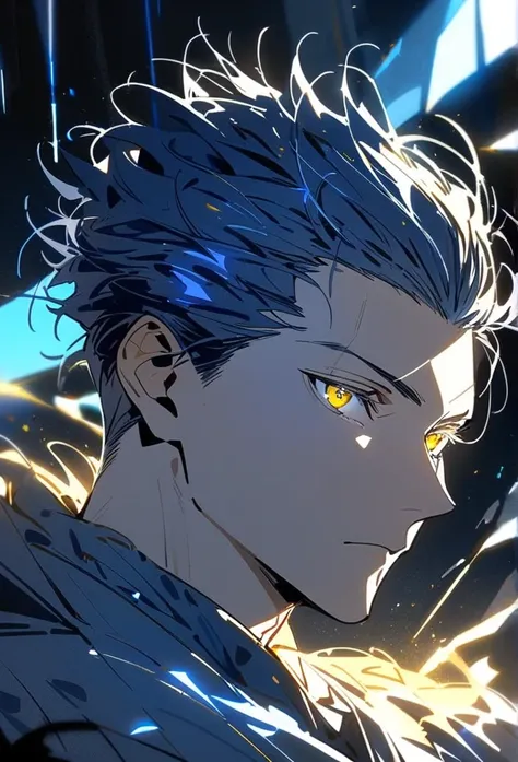 Handsome, solo, 1 man, blue hair, yellow eyes, 1 man, handsome, male, short hair, detailed, Hair Slicked Back, Messy Hair, Glowing Light, Bright PupilsVery Short Hair, Hair Pulled Back, 