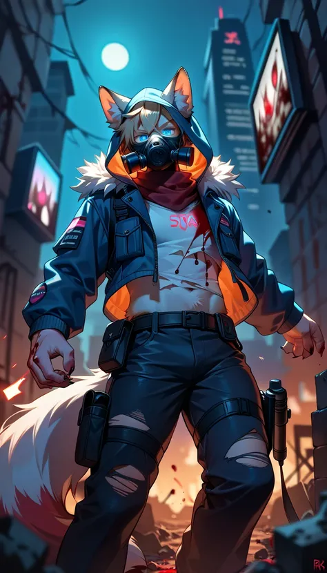 white fox_male,kemono,(fox ear,fox,tail,white fur,teal blue eyes)jacket,belt,torn clothes,pants,open jacket,claws,{{scars}},respirator,crop top,fur trim,pouch,long sleeves,hood down,mouth mask,glowing eyes,holding submachine gun,fighting_stance,blood on cl...