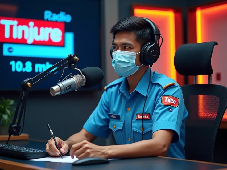 a person with  face wearing mask with proper uniform sitting on a radio tinjure station and going to exprees a news through radio on onair room. there shoud be chair , person ,one big mic, name of radio station in background in full frame.  the name of rad...