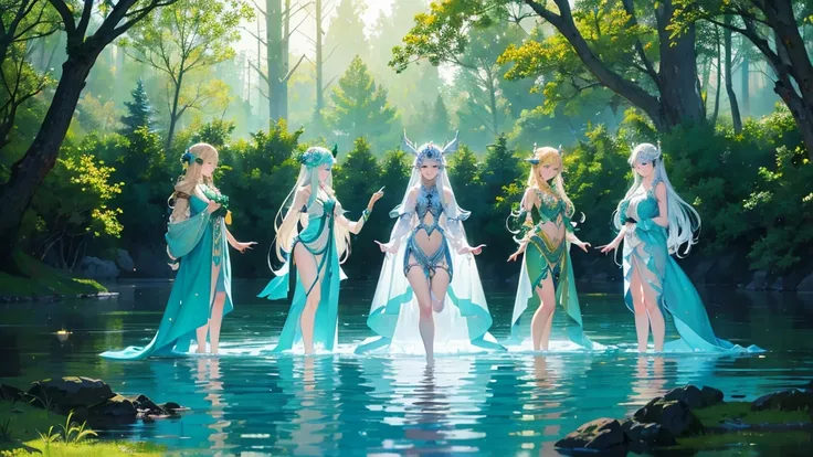 A group of elegant elf women standing by a serene, crystal-clear lake surrounded by an enchanted forest. The lake reflects the glowing tree canopies and floating magical lights. Each elf wears intricate, flowing robes inspired by Celtic patterns, their hai...