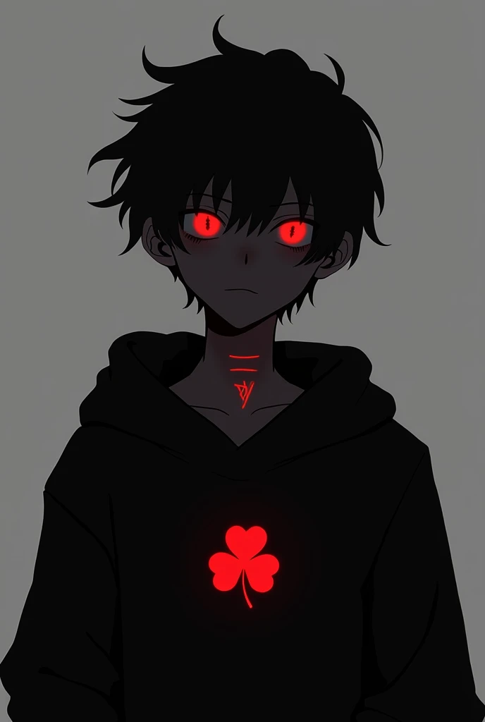 It generates an illustration of a slender adolescent male character in anime style , shrouded in shadows like armor, making it impossible to see his face .  Her black silhouette contrasts with a gray background .  His cherry eyes shine brightly from the sh...