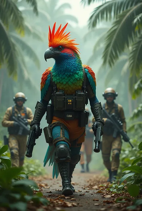 A vibrant Cuban trogon-human hybrid with rainbow feathers and sleek tactical gear holds dual plasma pistols. Behind it, 6 Cuban operatives in tropical combat uniforms move through a coastal jungle, carrying carbines and advanced surveillance kits. The word...