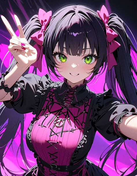  Highest Quality Masterpiece Unity 8k ,( twin tails),  hair bow ,  black hair , very long hair,green eye,(jiraikei ( Pink Gothic Ta :1.3)), lace-up boots,((Lighting Front)),(Selfie,  peace sign , throw,  close,  woman),  perfect body,  Sly Smile, amusement...