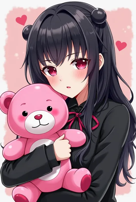 anime girl with black hair and pink teddy bear, Anime drawing by Honoo Jin,  popular on pixiv , Neoism,  Danganronpas Enoshima Shunko , 1  anime goth lolita , Nightcore, Chiaki Mi from Danganronpa, Anime aesthetics, Anime atmosphere,  cute girl anime visua...