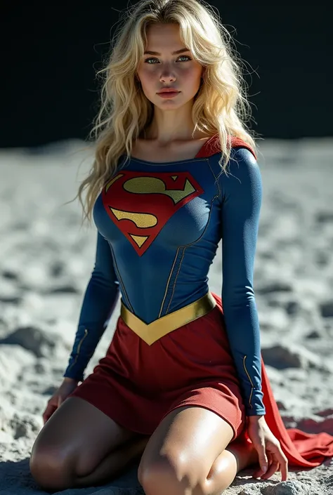 helen slater as (supergirl:1.5 18 year old beautiful large breasts dirty supergirl wearing dirty torn light blue supergirl costume with red skirt and messy hair and kneeling on the moon)