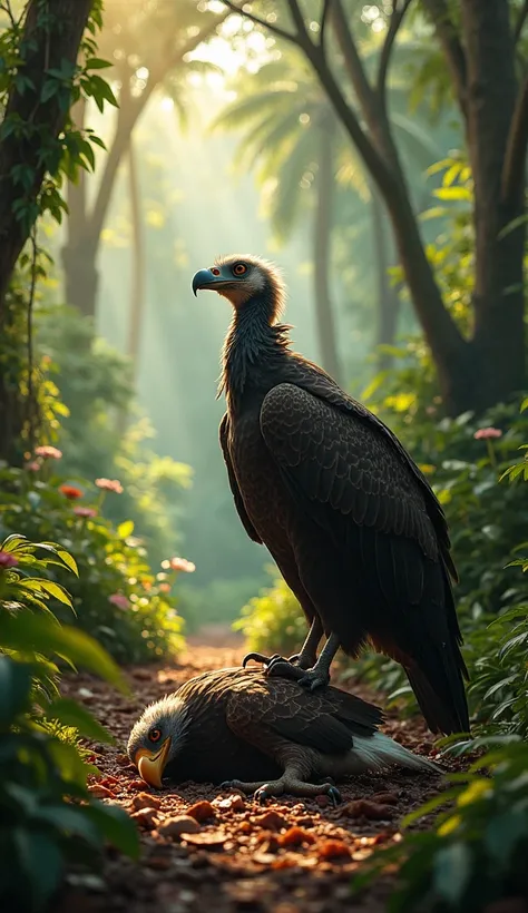 **"In the heart of a dense tropical forest, with dense vines and towering trees, a huge Vulture, defeats a golden-billed bald eagle. The Vulture stomps on the eagle, the bald eagle lies on its back on the ground, its body injured, blood flowing all over th...