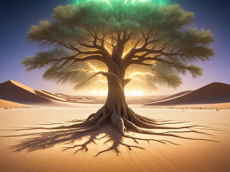 A glowing tree in the middle of a vast desert, its roots spreading beneath the sand like radiant veins of light, symbolizing resilience and focus in barren circumstances