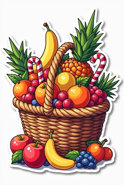 Sticker of a Christmas basket with fruit and candies, that looks like a cartoon 