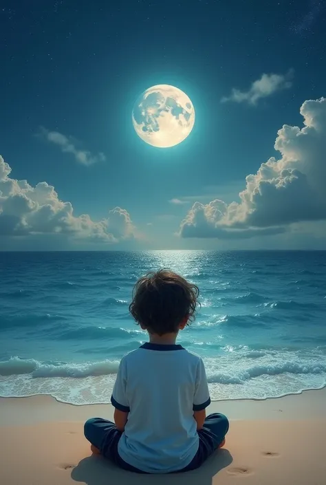 A boy with silky hairs in trous and shirts and sitting on sand by cross leg and all his body and legs is toward the sea and the sea water is high and the moon in the sky i full and many stars in the sky and infront many clouds toward the sea  and only the ...