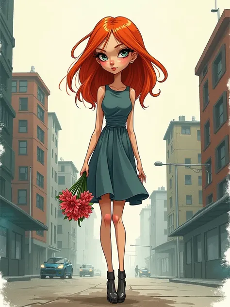 stylized watercolor illustration of a young redhead with elongated body shapes and enigmatic look holding flowers in her hand. Urban scenery. Grunge design and unfinished look. Flat colors. Comedy. Comics art style.