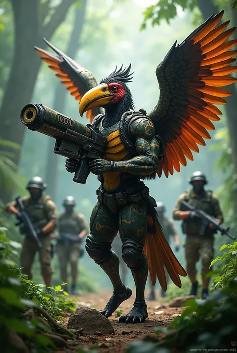 A colorful hornbill-human hybrid with an imposing beak and camo-patterned wings wields a compact railgun. Behind it, 6 Malaysian operatives in jungle camouflage move carefully through a rainforest, equipped with silent submachine guns and advanced scanners...