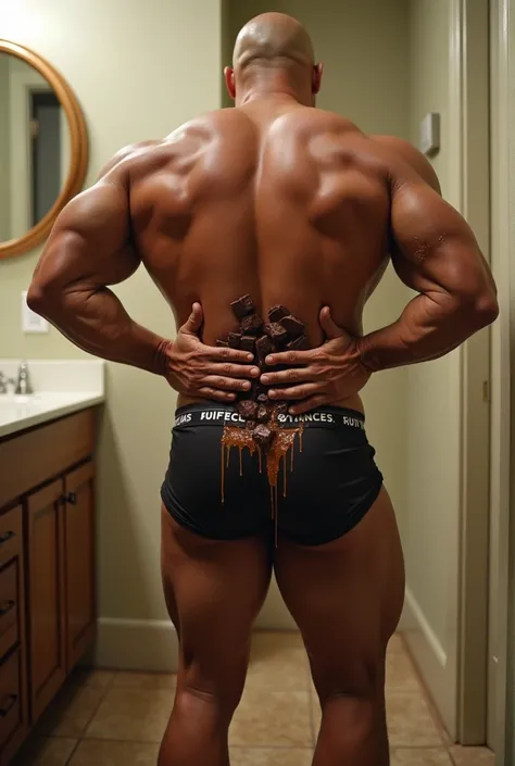 Dwayne Johnson with big butt big thighs in tight tiny short boxers sexy in bathroom with poop diarrhoea melted chocolate coming out his butt back view bending over forwards with his hands placed on his stomach