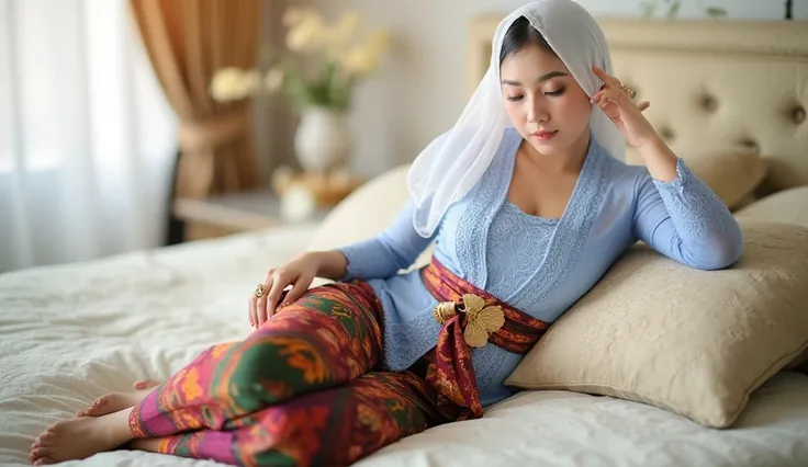 Soft focus on legs in the foreground, leading to a serene composition. An Indonesian woman reclines in a bed, her legs open , as she wears a light blue kebaya with a flowing white hijab and vibrant batik skirt. Warm golden lighting wraps around her, creati...