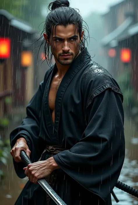 Ninja、Black kimono、good looking、Long hair untied、Holding a Japanese sword、Muscular、soaked、rain、Japanese、whole body、sexy、Shinsengumi、inflammation