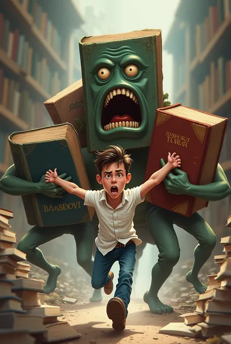 A surrealistic and cartoonish illustration of a young man running around being chased by anthropomorphized books.  A giant book with a frightening facial expression and outstretched arms pulls the young man by the shirt, while two books with human hands ho...