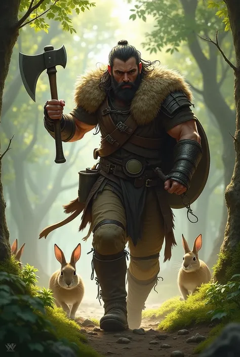 Warrior hunting rabbits with an axe 