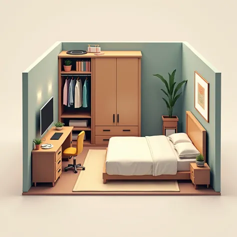 Bedroom 1  (15 m²):  Double Bed ,  built-in closet ,  desk with chair and shelves.