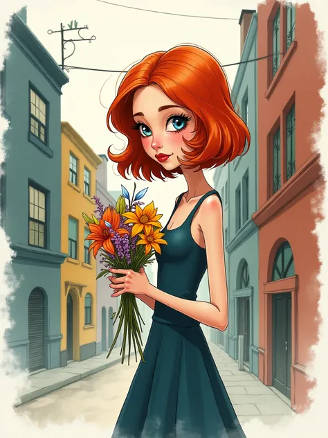 stylized watercolor illustration of a young redhead with elongated body shapes and enigmatic look holding flowers in her hand. Urban scenery. Grunge design and unfinished look. Flat colors. Comedy. Comics art style.