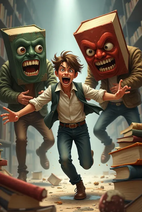 A surrealistic and cartoonish illustration of a young man running around being chased by anthropomorphized books.  A giant book with a frightening facial expression and outstretched arms pulls the young man by the shirt, while two books with human hands ho...