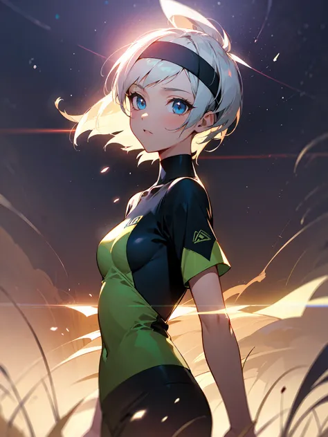 Set against a deep green and blue night sky, a short-haired girl in sporty attire stands on the left, adjusting her headband with a look of mixed determination and doubt. On the right, her male counterpart appears like a mirage, faintly shimmering as if di...