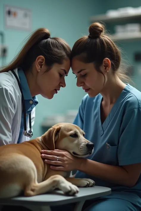 Veterinarian comforting a sad owner of a sick patient realistic photograph
