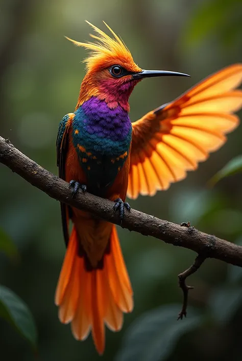  The encounter in a forest of a species that is a mix between a hummingbird and a phoenix with colorful plumage,  their feathers burned in shades of gold, red and purple with a black panther that has golden spots that emit light , Like small solar flames ,...