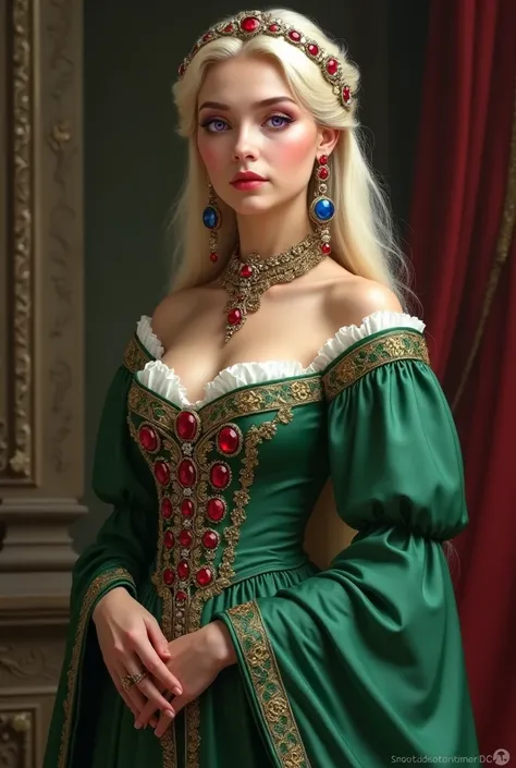 24 year old woman,  platinum almost blonde hair ,  her hair is being supported by precious gold jewelry and red rubies. 
 She has a medieval green dress and gold and silver embroideries ,  she has a nice neckline showing off her beautiful breasts .  On her...