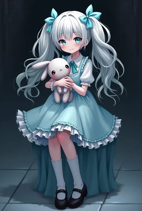 Tokyo ghoul style, female, 22, long white wavy hair in 2 pigtails, light blue bow accessories, white and baby blue Lolita dress, black Mary janes, white knee high socks, holding a stitched up toy rabbit, adult woman