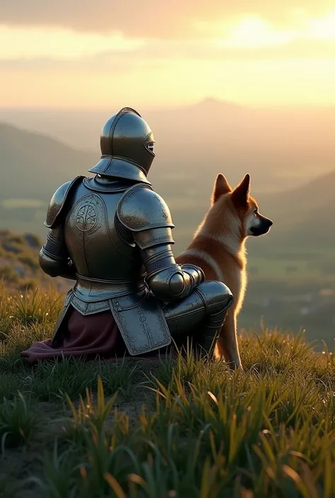 medieval soldier with armor and helmet all closed sitting on a very greenish cliff with grass looking at the horizon together with a dog ultra realistc hd 4k