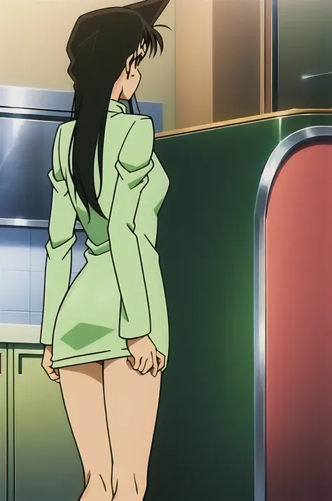 {{{long hair}}},{{{official style}}},{{{adult}}},green dress,one-piece dress,turtleneck,green miniskirt, {light green cropped jacket},{light green cropped jacket},green socks,,sink,laundry,kitchen,bringing upper body to the sink,open,back view of leaning f...