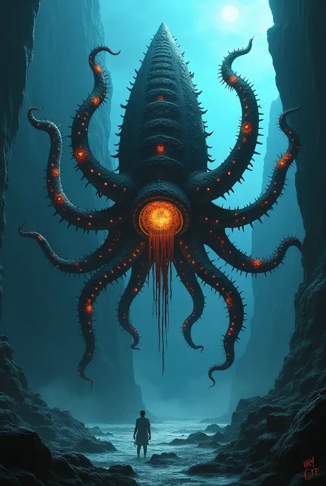 A monstrous deep-sea horror, with the body of a starfish, each arm long and twisted, covered in jagged spikes and eerie, glowing patterns. At its center, a massive mollusk shell rises like a fortress, dark and encrusted with sharp coral and barnacles, its ...