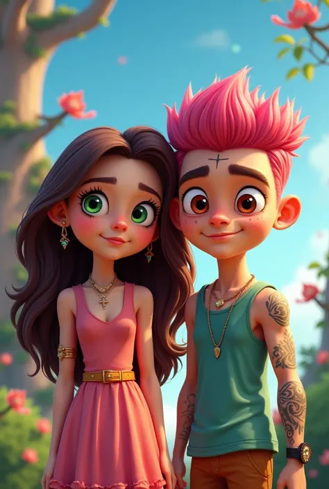  Make me a cartoon of a girl with long brown hair,  slightly tanned skin ,  big, feminine green eyes ,  with a boy with short pink hair , tattoos on the face, white, high, something stocky and red eyes  
