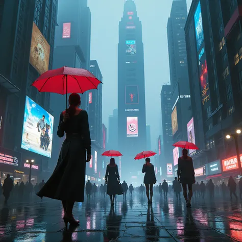 "A dystopian, cyberpunk city with towering buildings, neon lights, and a gloomy atmosphere. The streets are wet from recent rain, reflecting the glowing signs and digital screens. People wear futuristic clothing, walking in the rain under neon umbrellas. A...