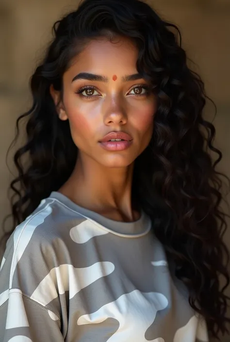 20 year old girl,  young woman with Egyptian features , very beautiful, with vaguely Arabian features  " " and long curly black hair ,  Egyptian style with braids on one side . Her black skin and eyes are strikingly amber and outlined with kohl,  wearing w...