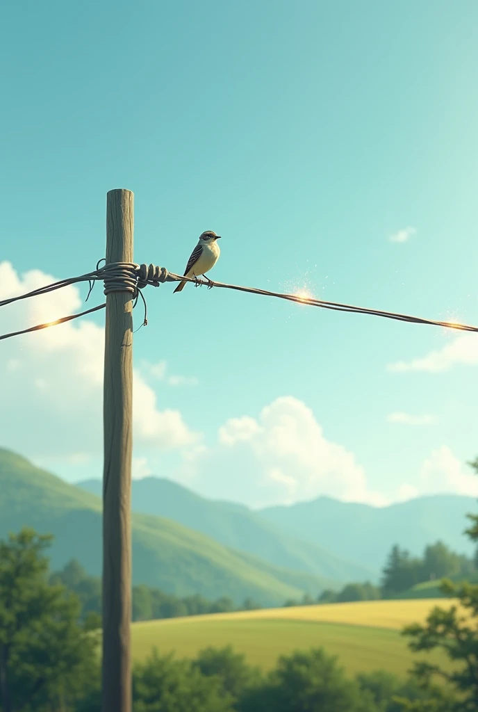 showing electricity flowing through a power line. A bird perches on the wire, no electricity flowing through it. 