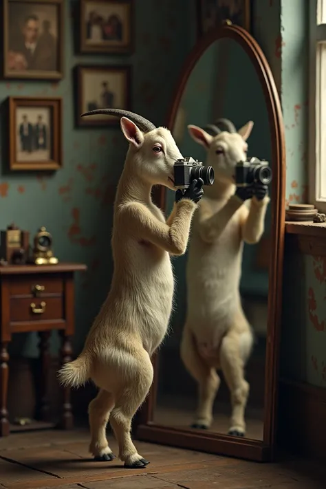 create an image of a goat taking a photo in a mirror