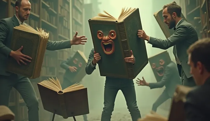 A surrealistic illustration of a young man running around being chased by anthropomorphized books.  A giant book with a frightening facial expression and outstretched arms pulls the young man by the shirt, while two books with human hands hold your arms . ...