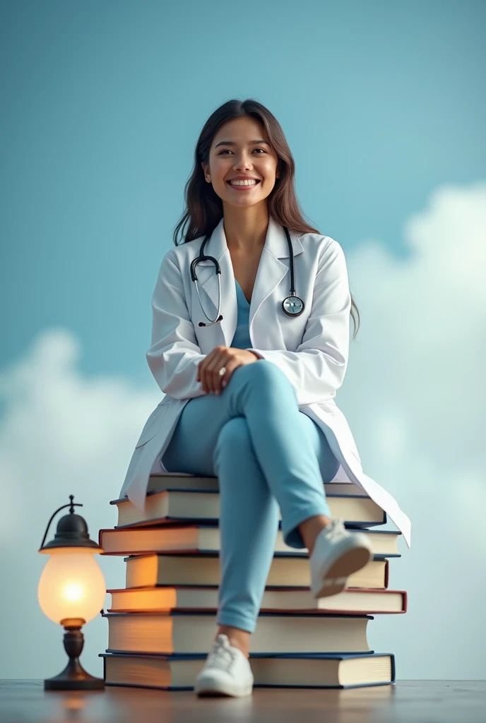 A woman  in a doctors white coat sitting proudly on a huge hue of book with a stethoscope in her hands and a night lamp beside her. Huge smile and proud of her face as she conquered her dream. Make the picture look like. A dream with blue and white colours...