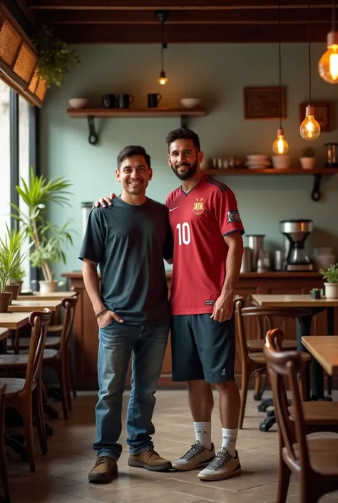 Make a photo of an Indonesian migrant man taking a picture with Lionel Messi inside a coffee shop. background warkop. HD. Real