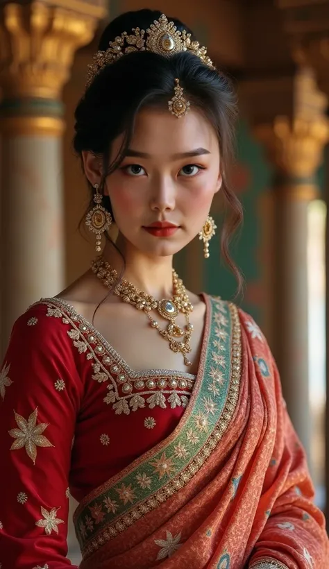 Create an image of a beautiful Nepali woman wearing a queens dress against a beautiful palace background , sofasticated clothes, white face colour 