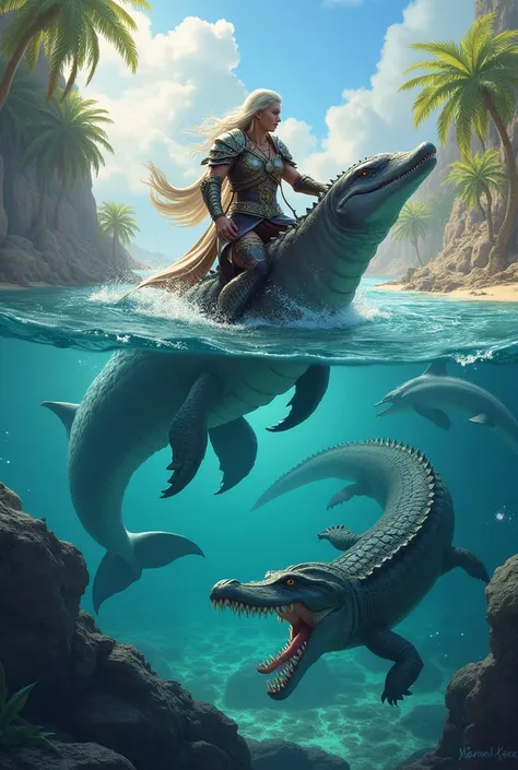 Kindhearted warrior rides dolphins and evil warrior rides crocodiles 