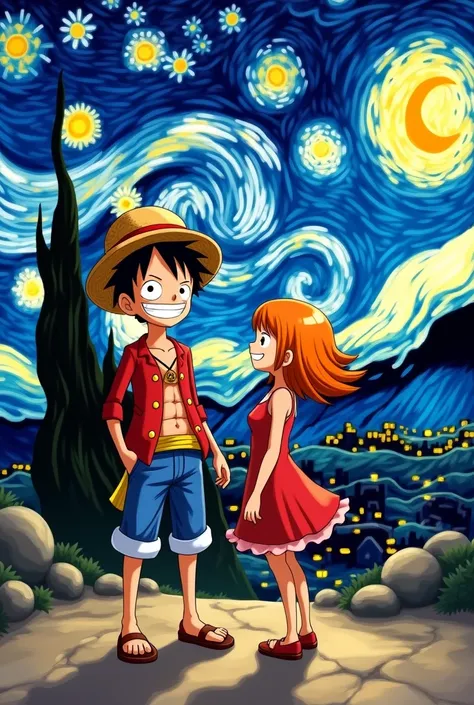 Vanh Gogh and Luffys starry night happy with Nami from One Piece 
