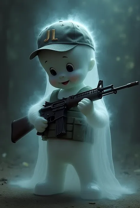 THE CASPER GHOST WITH A RIFLE AND A BULLETPROOF VEST THAT HAS LETTERS THAT SAY GDJL AND A CAP THAT SAYS JL