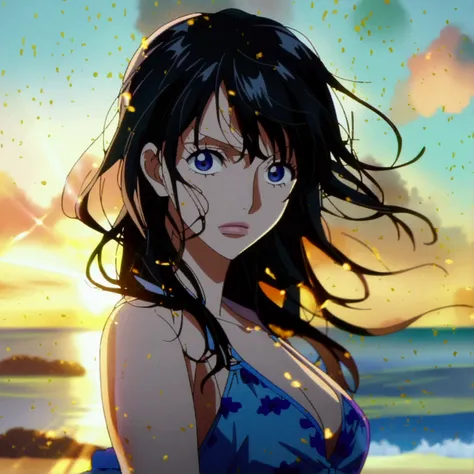 1 girl, solo, long hair, high resolution, wavy hair,, blue eyes, Black colour hair,, anime screen cap, one piece anime style, jujutsu one piece anime screen cap, beach outfit, front view,