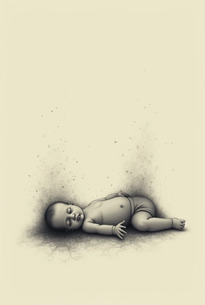 I want an illustration of a baby that is disappearing and is turned to dust that gets more dust and is lying down and is a drawing